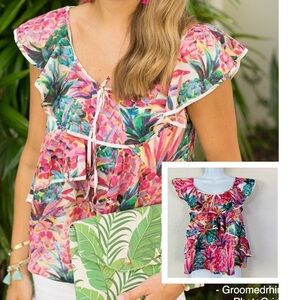 J. Crew Pink and Green Floral Ruffle Blouse